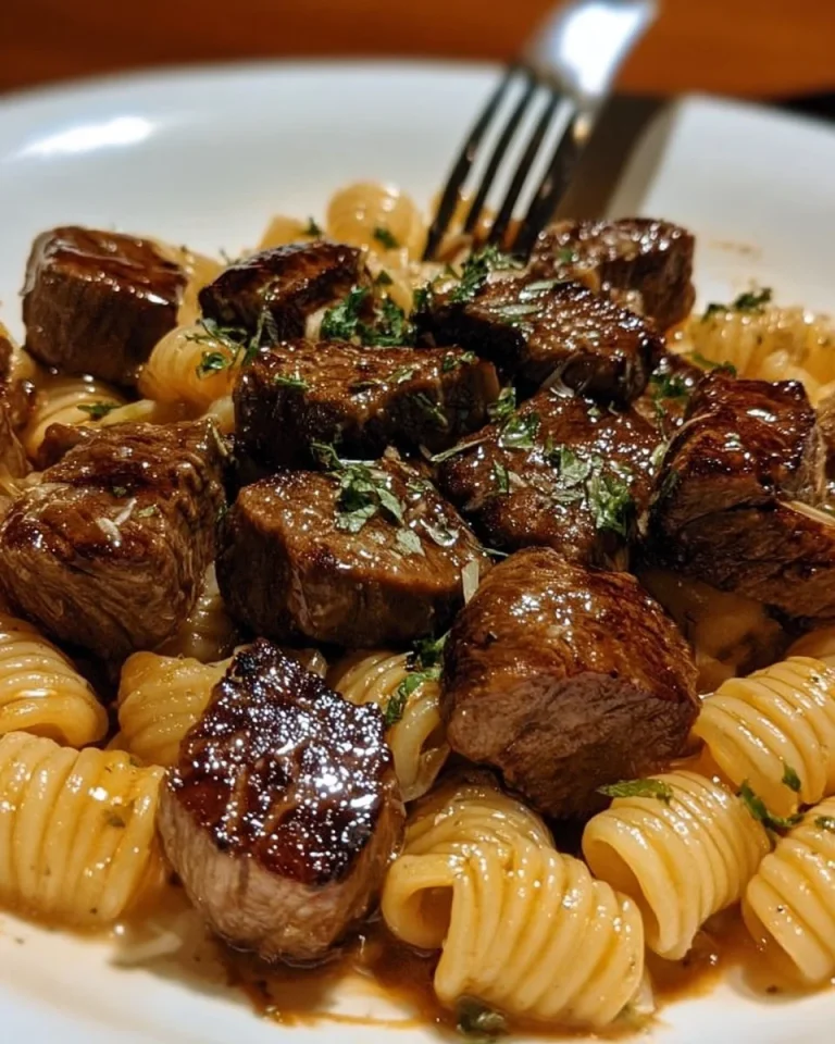 Garlic Butter Steak Bites served with creamy Parmesan shell pasta on a plate