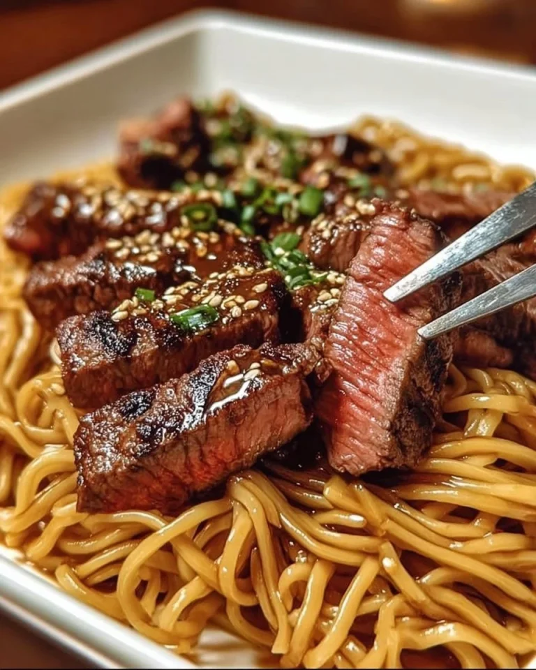 Juicy Garlic Butter Steak served with Lightning Noodles on a plate