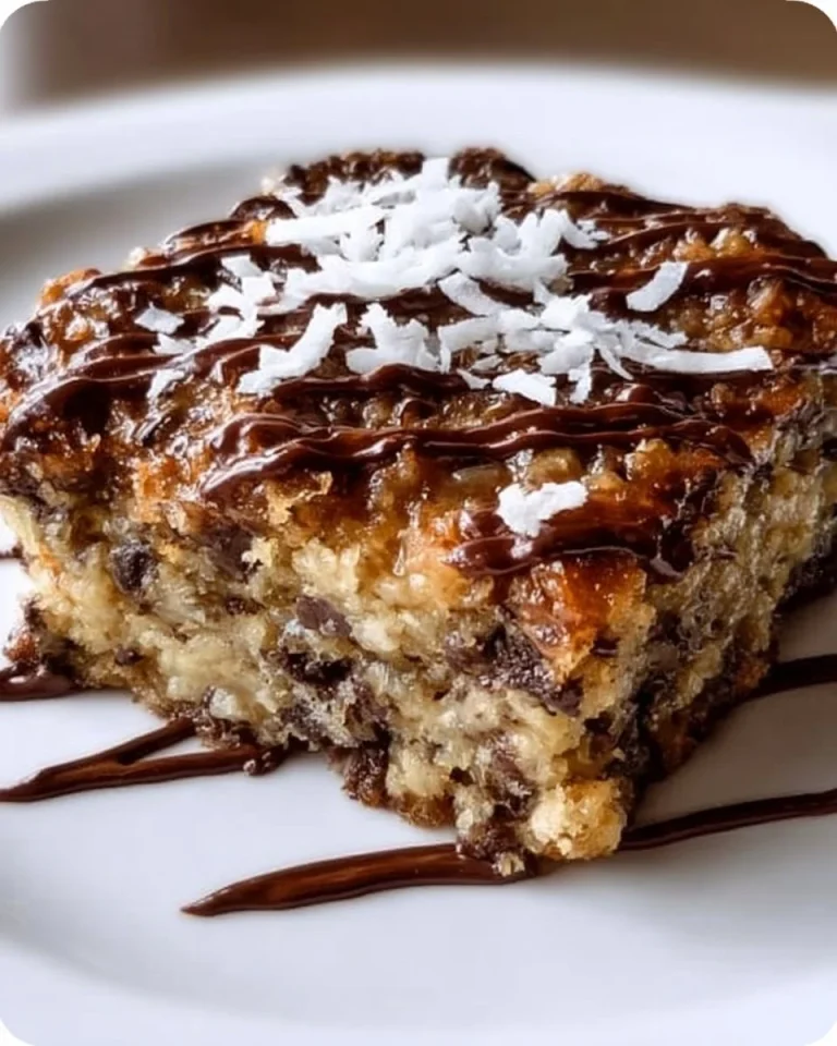 Delicious German Chocolate Dump Cake topped with chocolate and coconut frosting