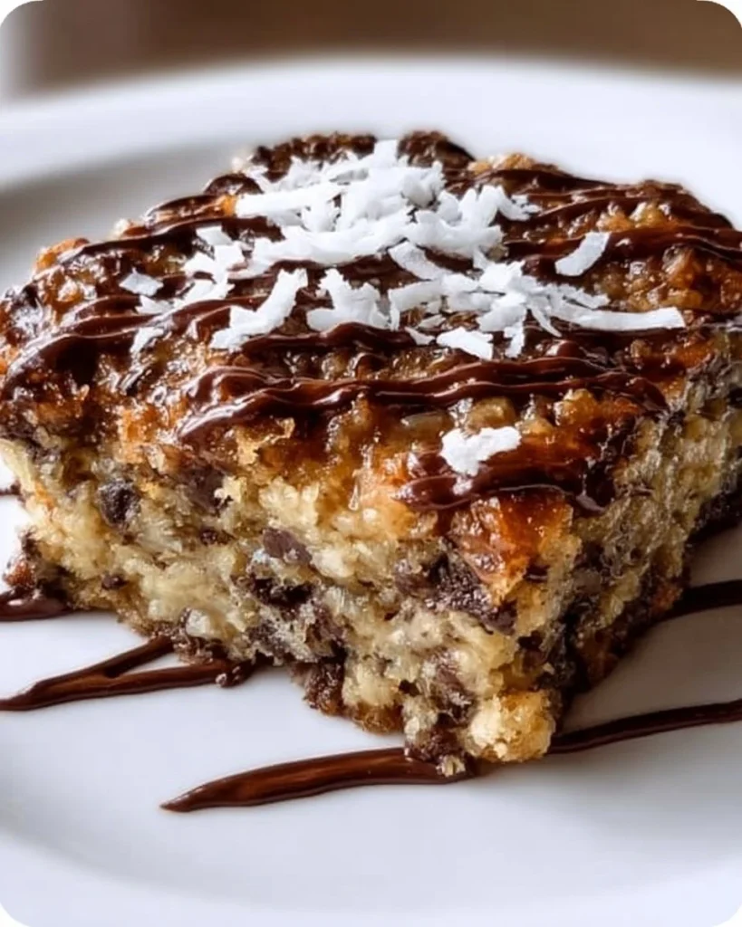 Delicious German Chocolate Dump Cake topped with chocolate and coconut frosting