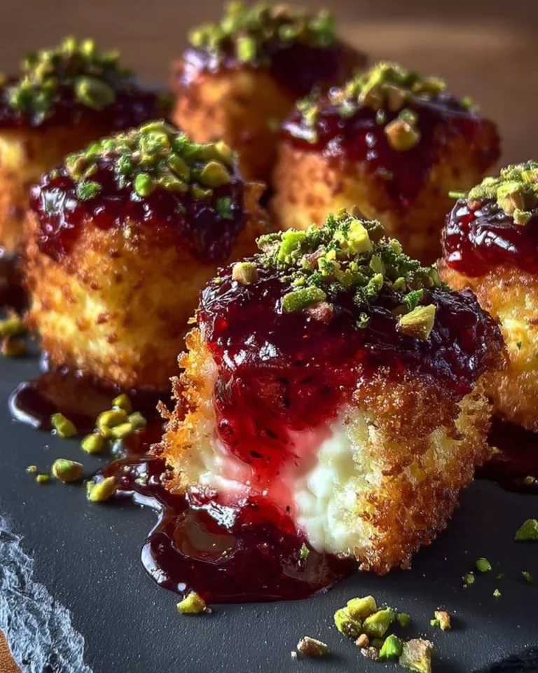 Golden pistachio brie bites with raspberry drizzle on a rustic serving platter.