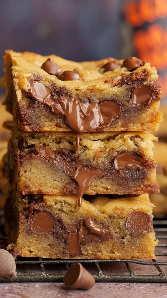 Gooey chocolate chip cookie bars topped with melted chocolate chips
