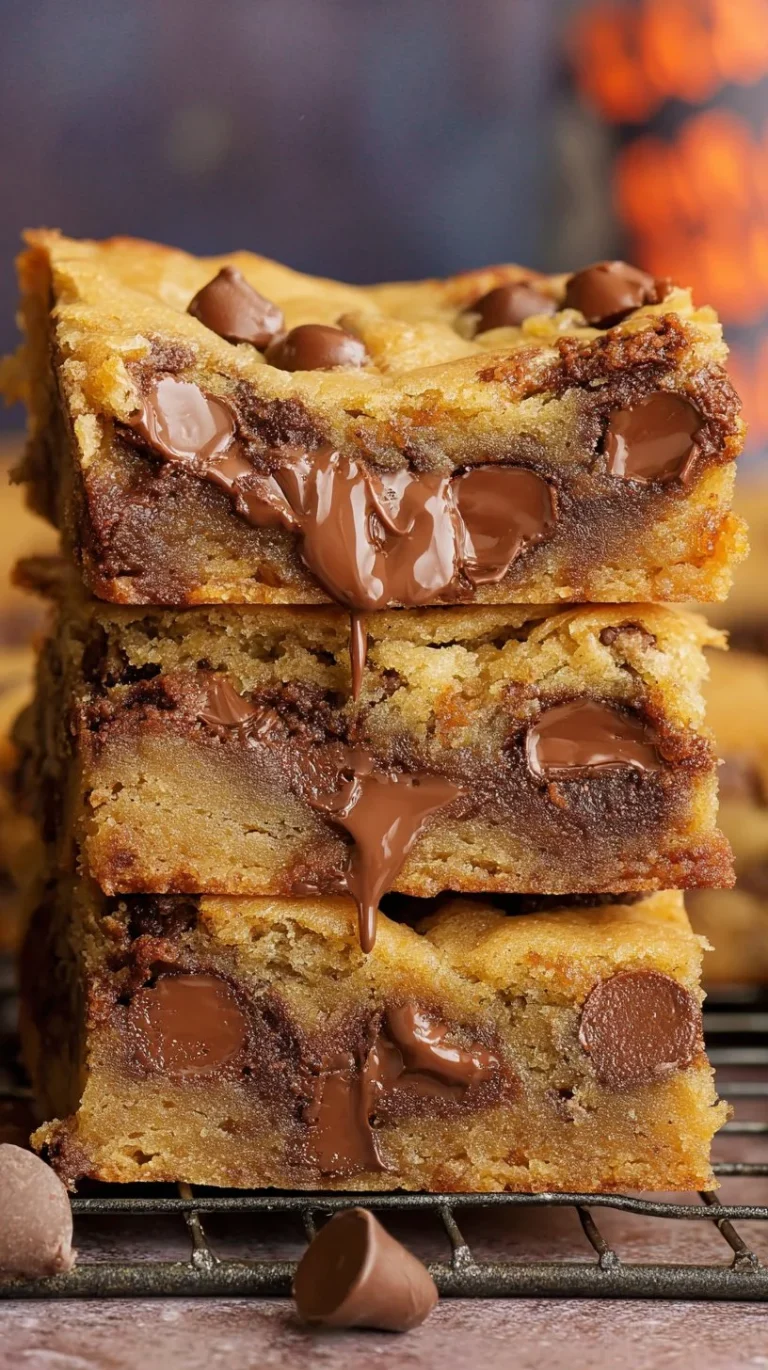 Gooey chocolate chip cookie bars topped with melted chocolate chips