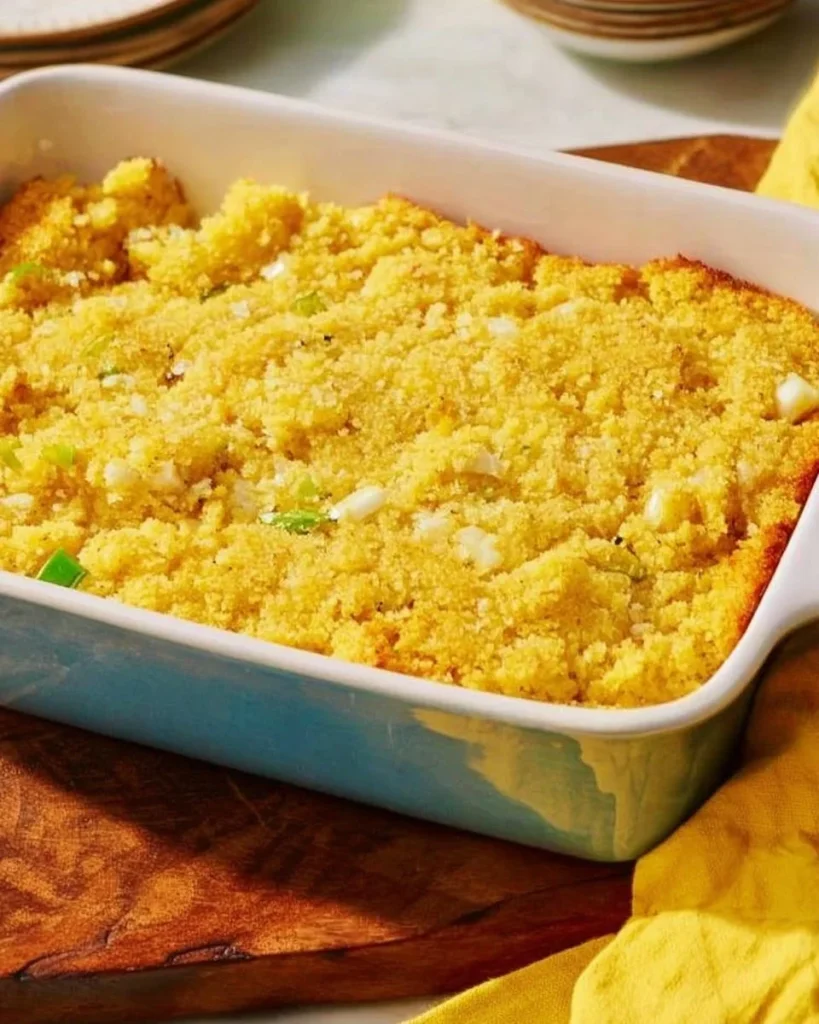Bowl of Grandma's cornbread dressing with herbs and spices