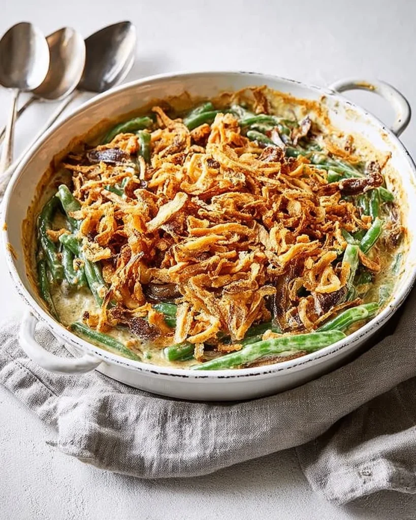 Delicious green bean casserole topped with crispy onions and served in a white dish.