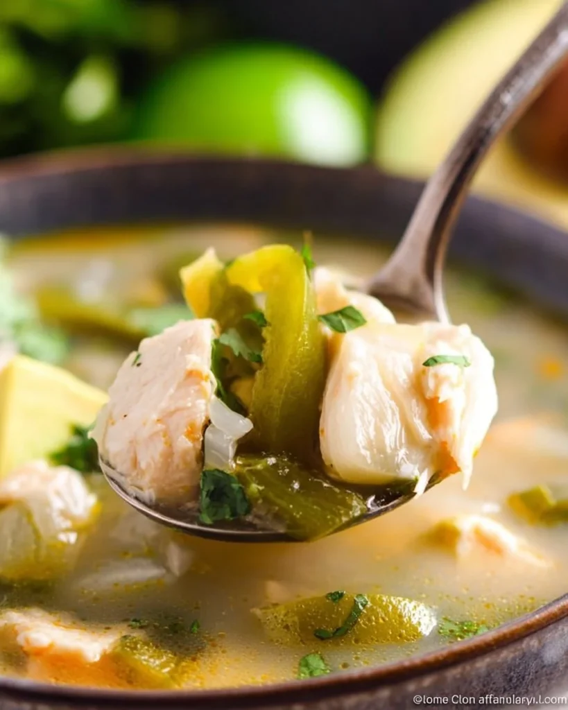Bowl of Green Chili Chicken Soup garnished with cilantro and lime.