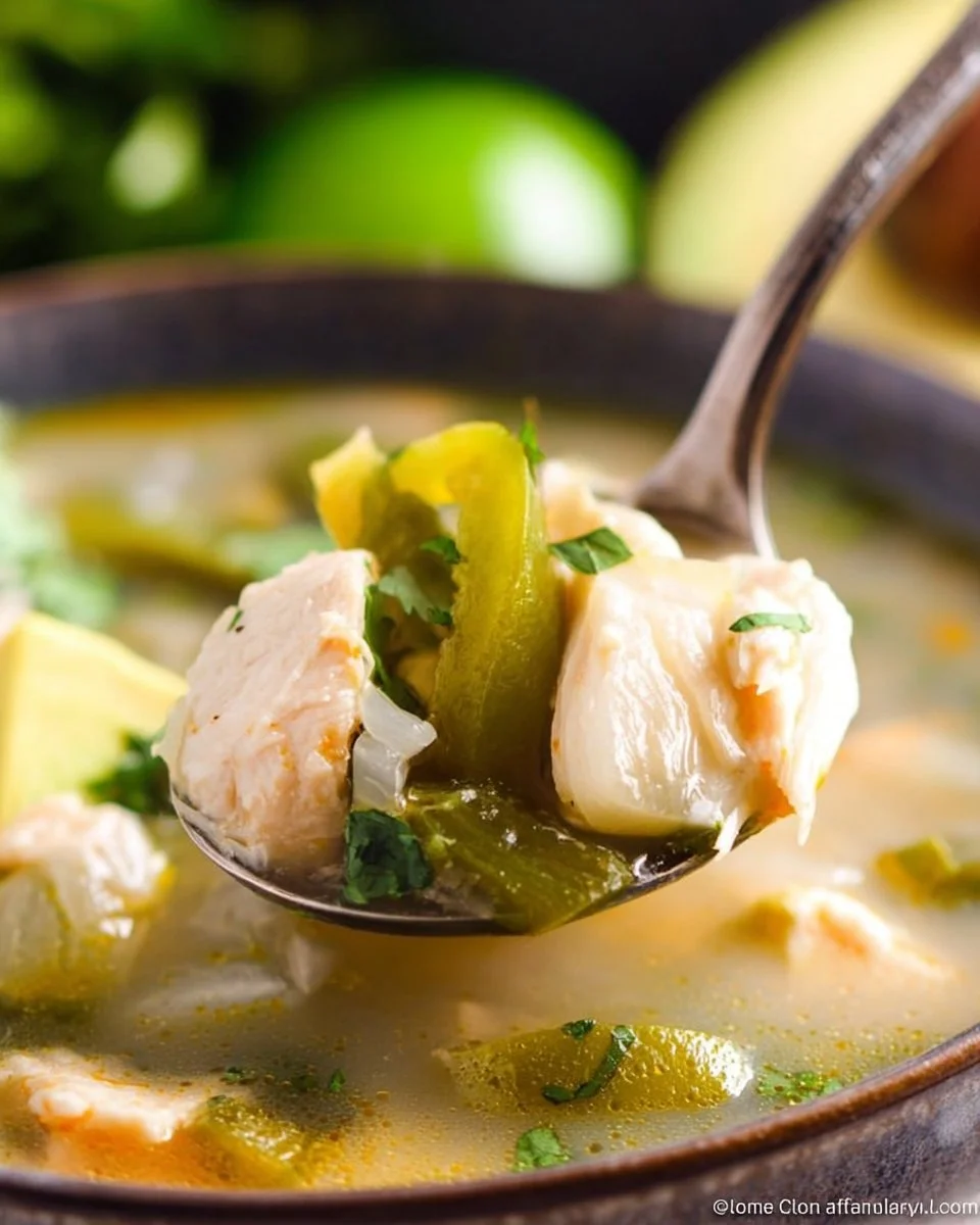 Bowl of Green Chili Chicken Soup garnished with cilantro and lime.