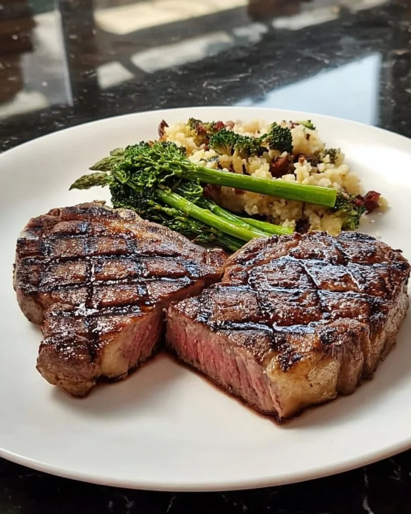 Grilled ribeye steak dinner plate with sides on a rustic table
