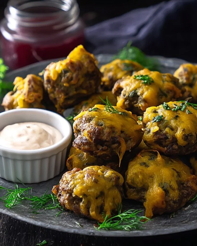 Plate of crispy Haggis Fritters served with dipping sauce.