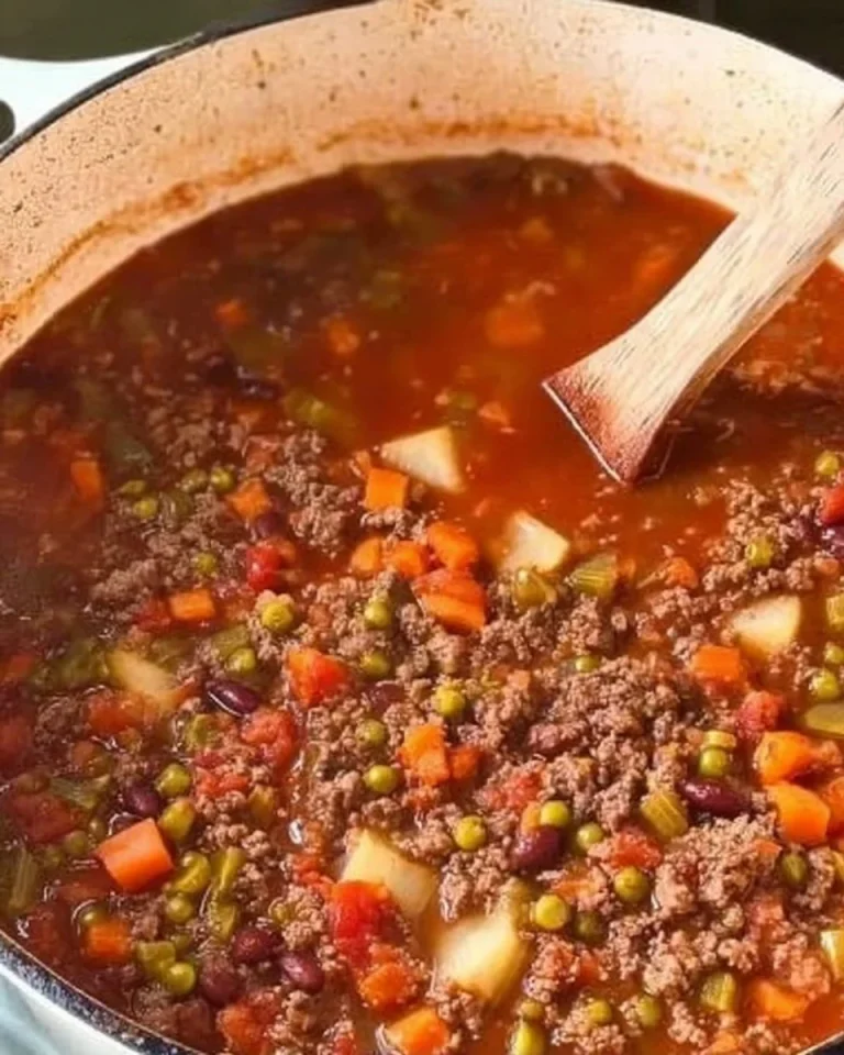 A bowl of hearty Hamburger Vegetable Soup topped with fresh herbs.