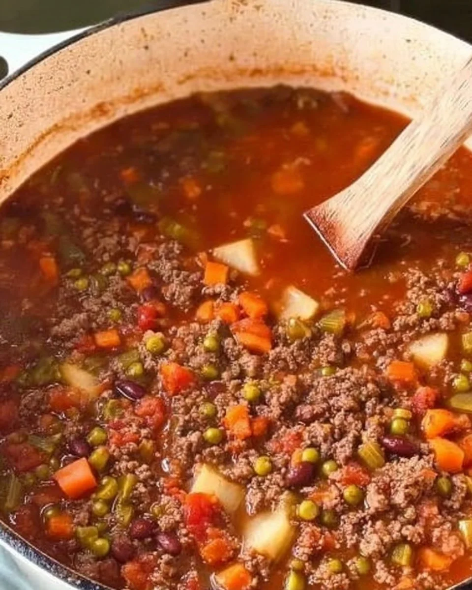A bowl of hearty Hamburger Vegetable Soup topped with fresh herbs.