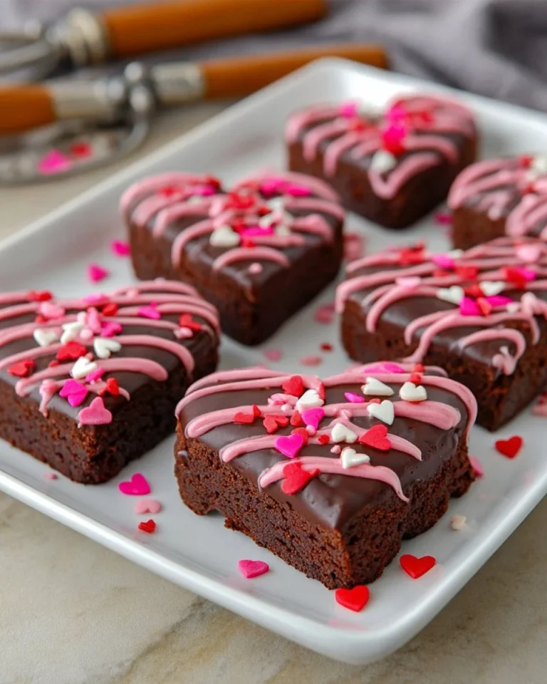 Freshly baked heart shaped brownies on a plate