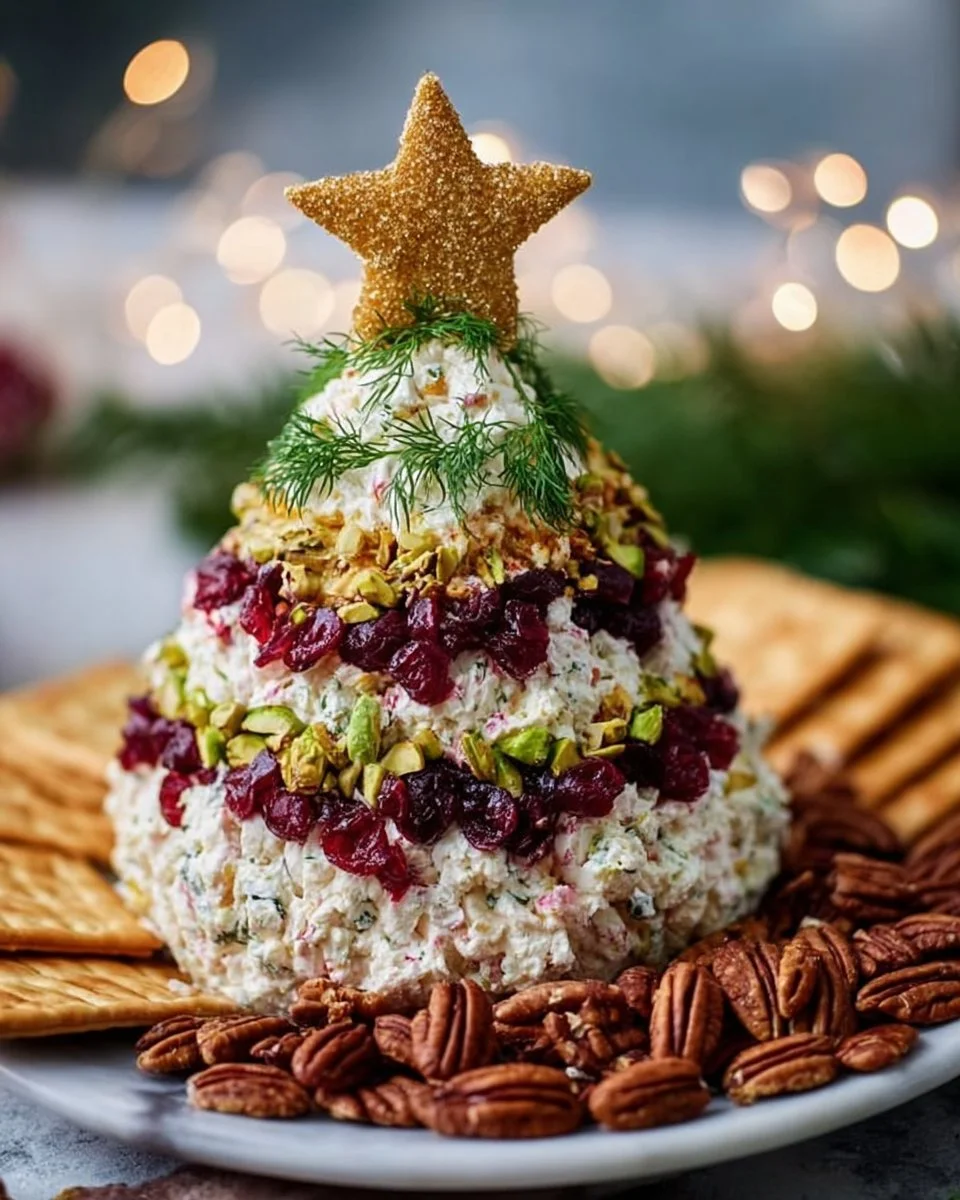 Holiday cheese tree decorated with cranberry and pistachio garland