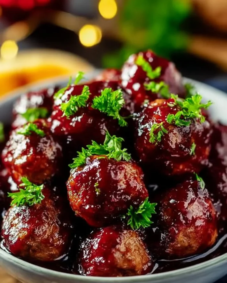 Delicious Christmas cranberry meatballs served on a festive platter
