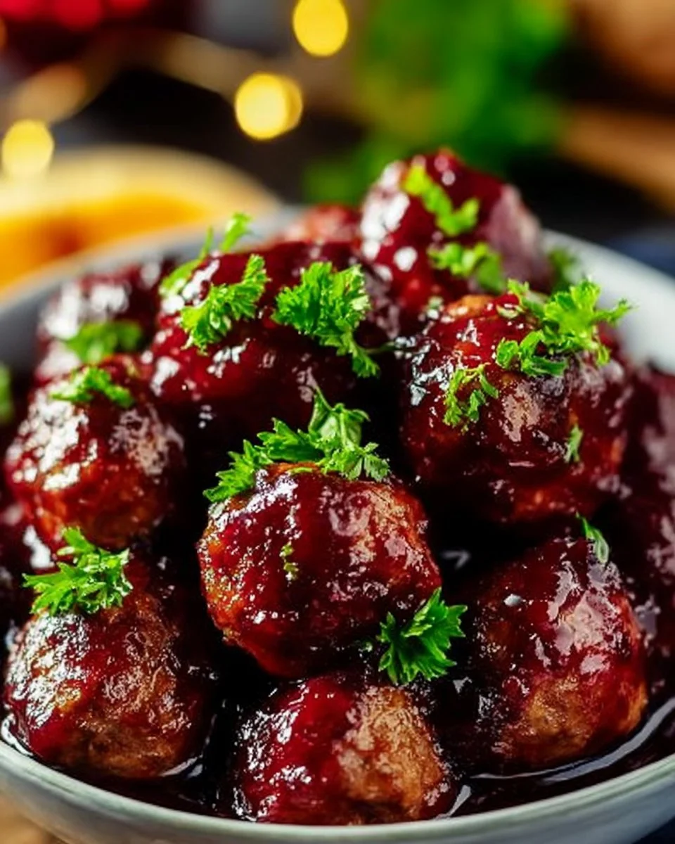 Delicious Christmas cranberry meatballs served on a festive platter