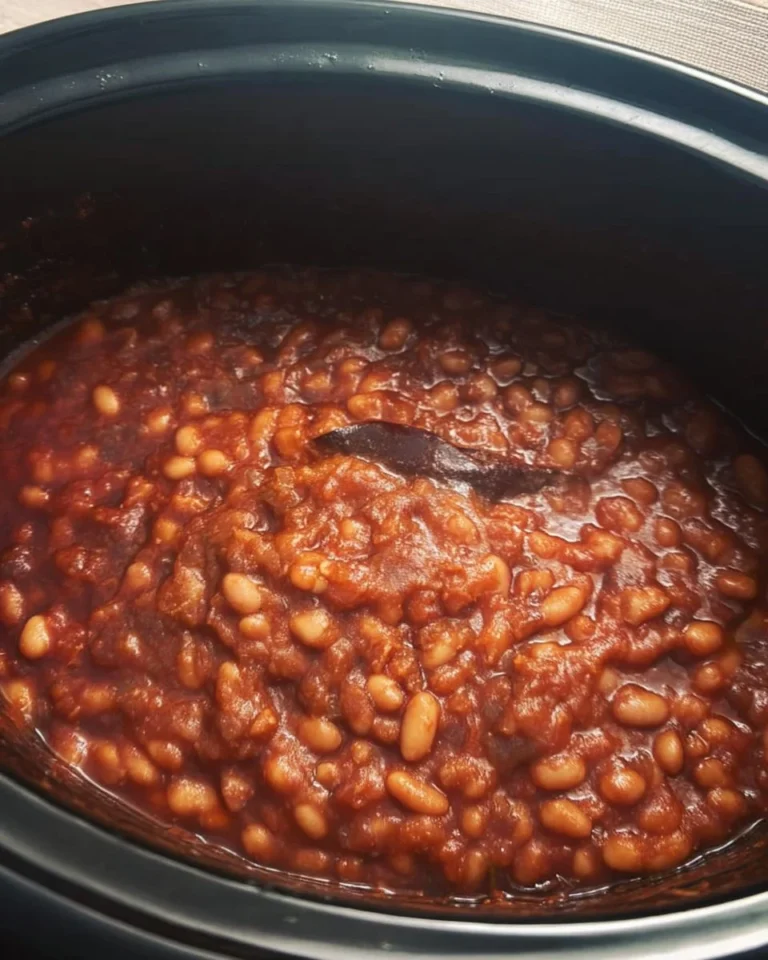 Bowl of homemade baked beans topped with herbs and spices