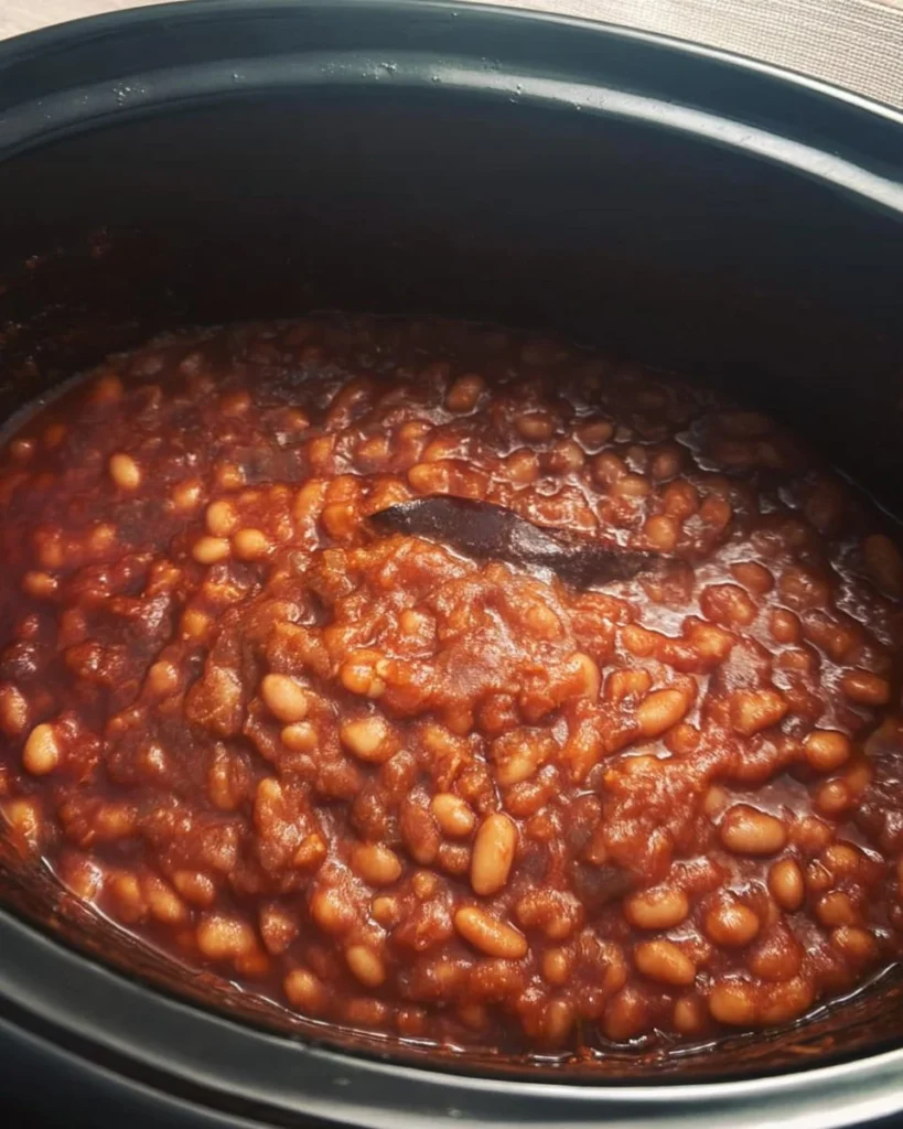 Bowl of homemade baked beans topped with herbs and spices