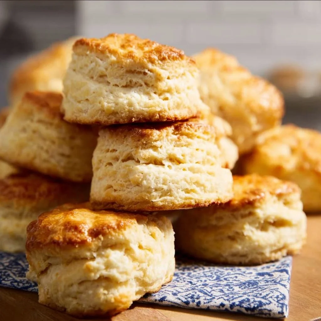 Homemade biscuits fresh out of the oven, golden brown and flaky.