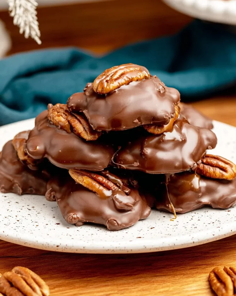 Delicious homemade chocolate turtles candy with caramel and pecans