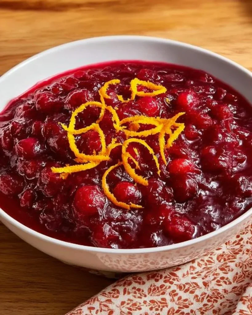 Bowl of homemade cranberry sauce with fresh cranberries and spices