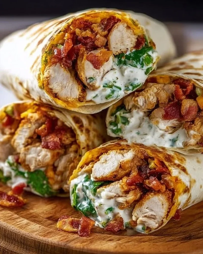 Homemade crispy bacon ranch chicken wraps served with fresh ingredients