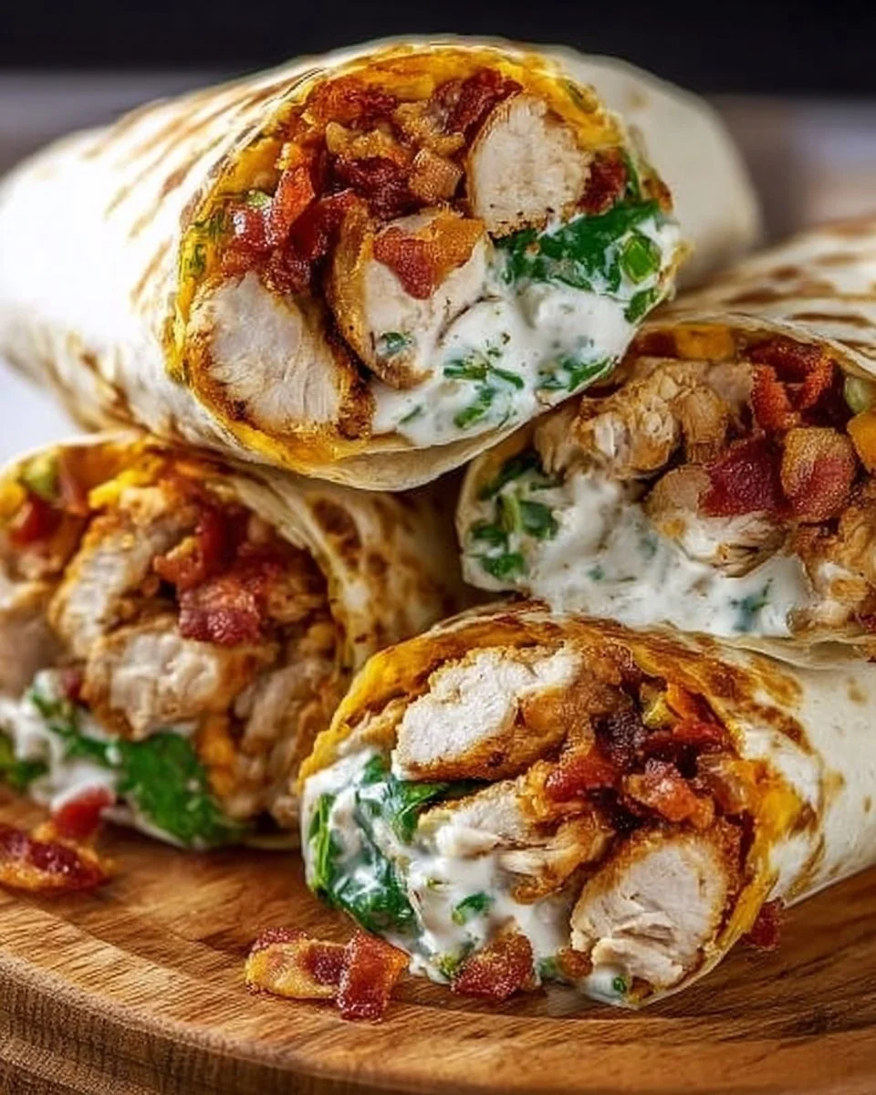 Homemade crispy bacon ranch chicken wraps served with fresh ingredients