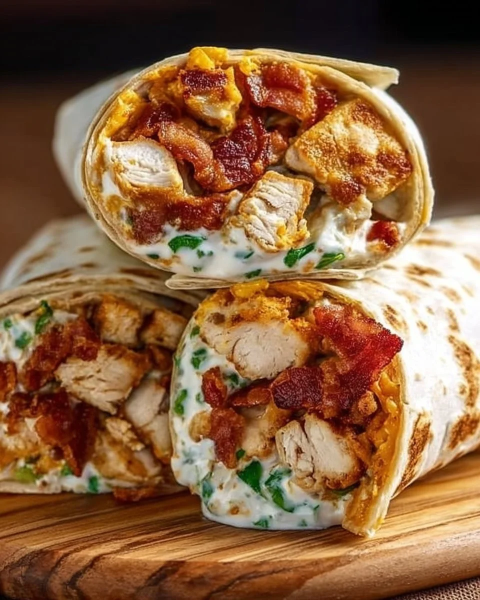 Delicious homemade crispy bacon ranch chicken wraps on a plate.