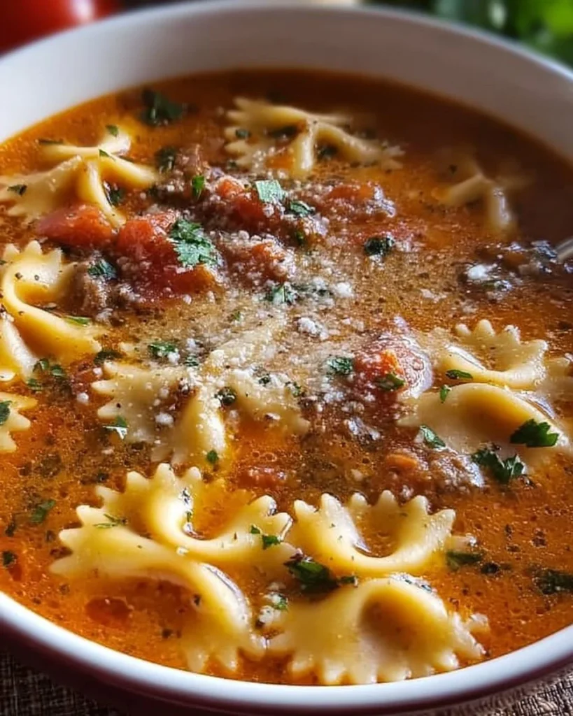 Bowl of homemade lasagna soup with bow tie pasta and fresh herbs.