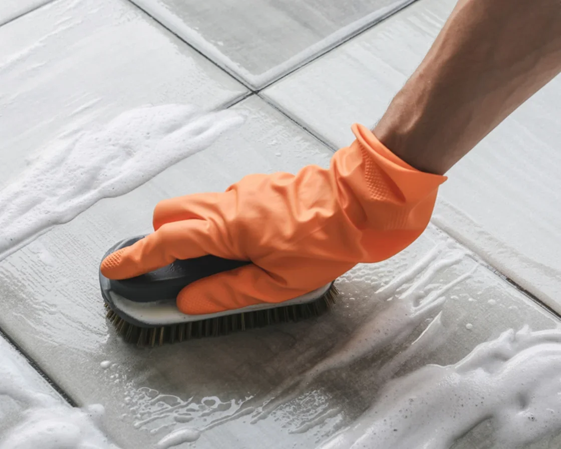 Person cleaning ceramic tile floor with a mop and vinegar solution.