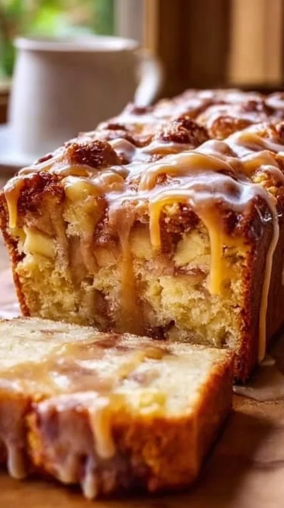 Freshly baked Amish Apple Fritter Bread with apple chunks and glaze