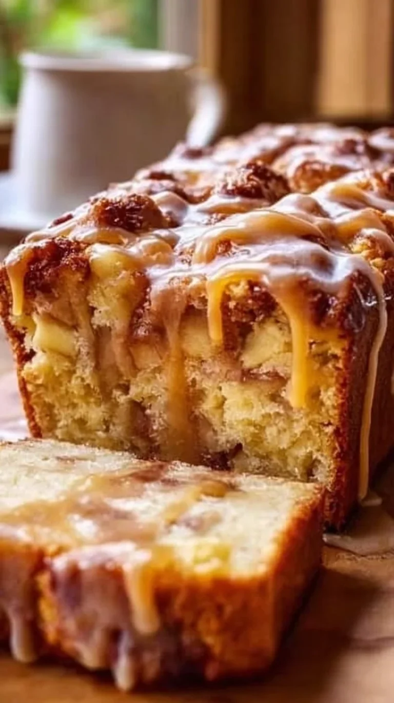 Freshly baked Amish Apple Fritter Bread with apple chunks and glaze