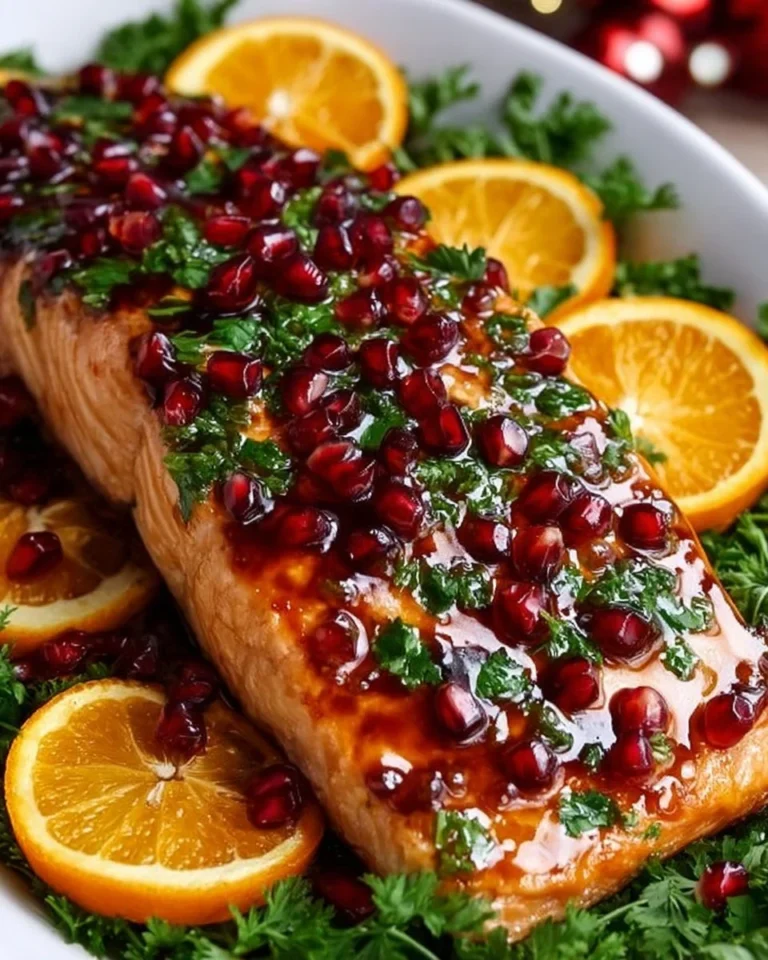 Irresistible Christmas Salmon glazed with pomegranate for a festive meal.