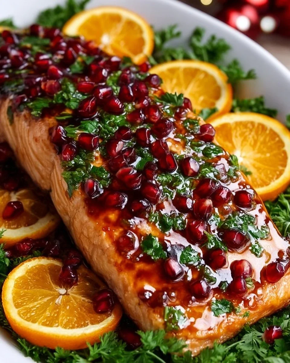 Irresistible Christmas Salmon glazed with pomegranate for a festive meal.