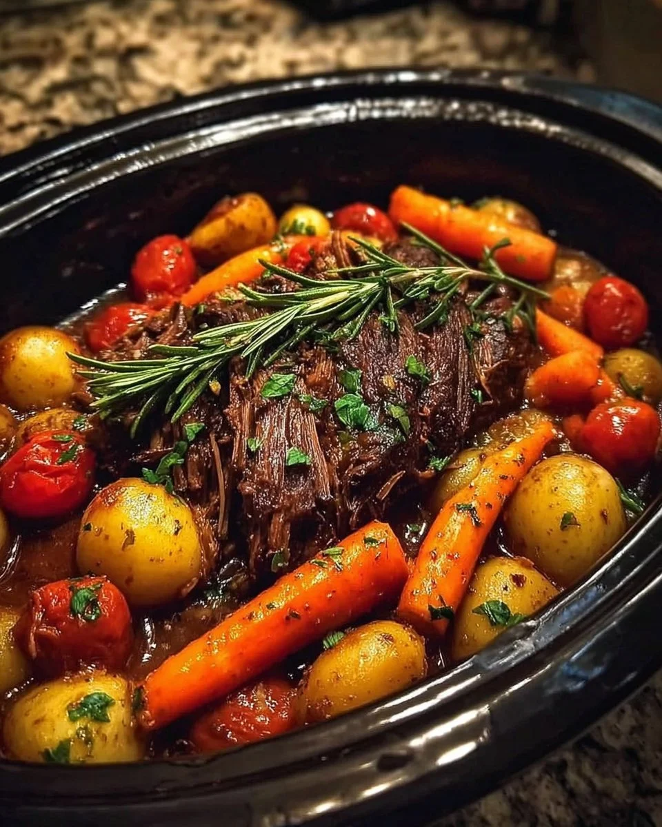 Delicious Italian pot roast cooked in a slow cooker with herbs and spices