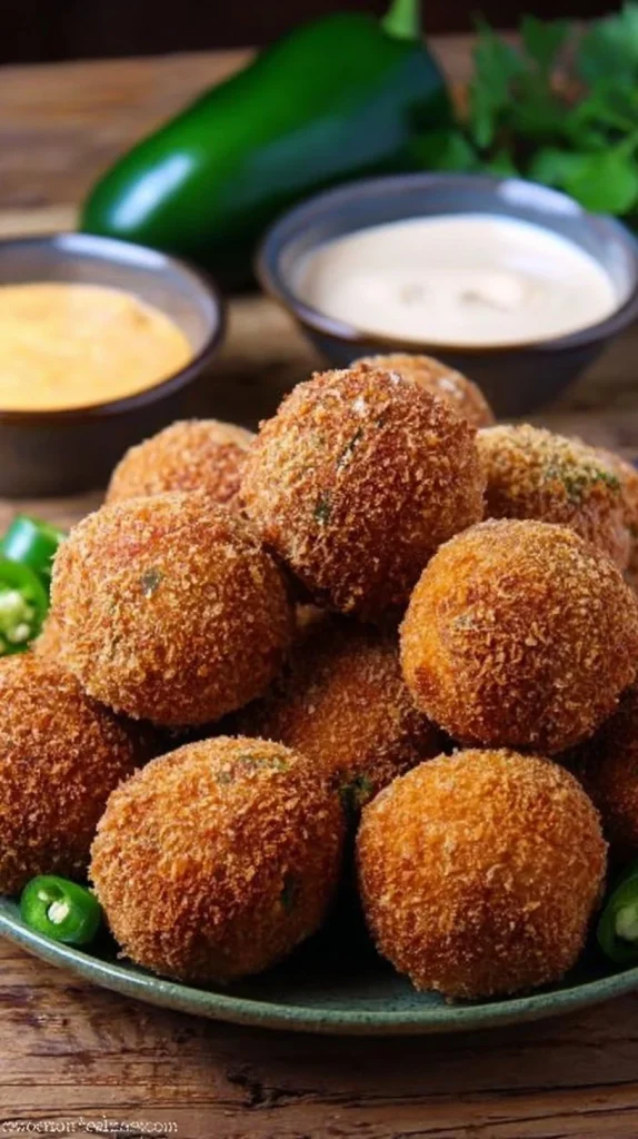 Crispy jalapeno popper bites served on a plate with dipping sauce.