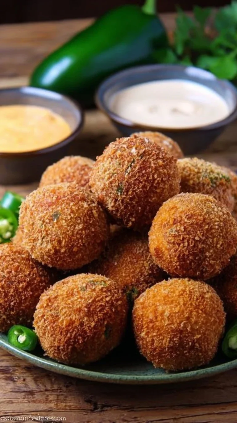 Crispy jalapeno popper bites served on a plate with dipping sauce.