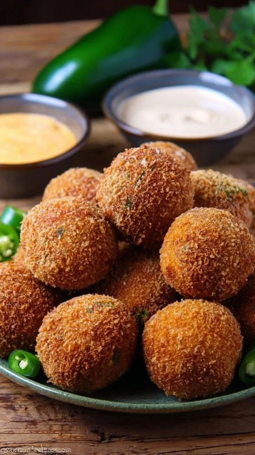 Crispy jalapeno popper bites served on a plate with dipping sauce.