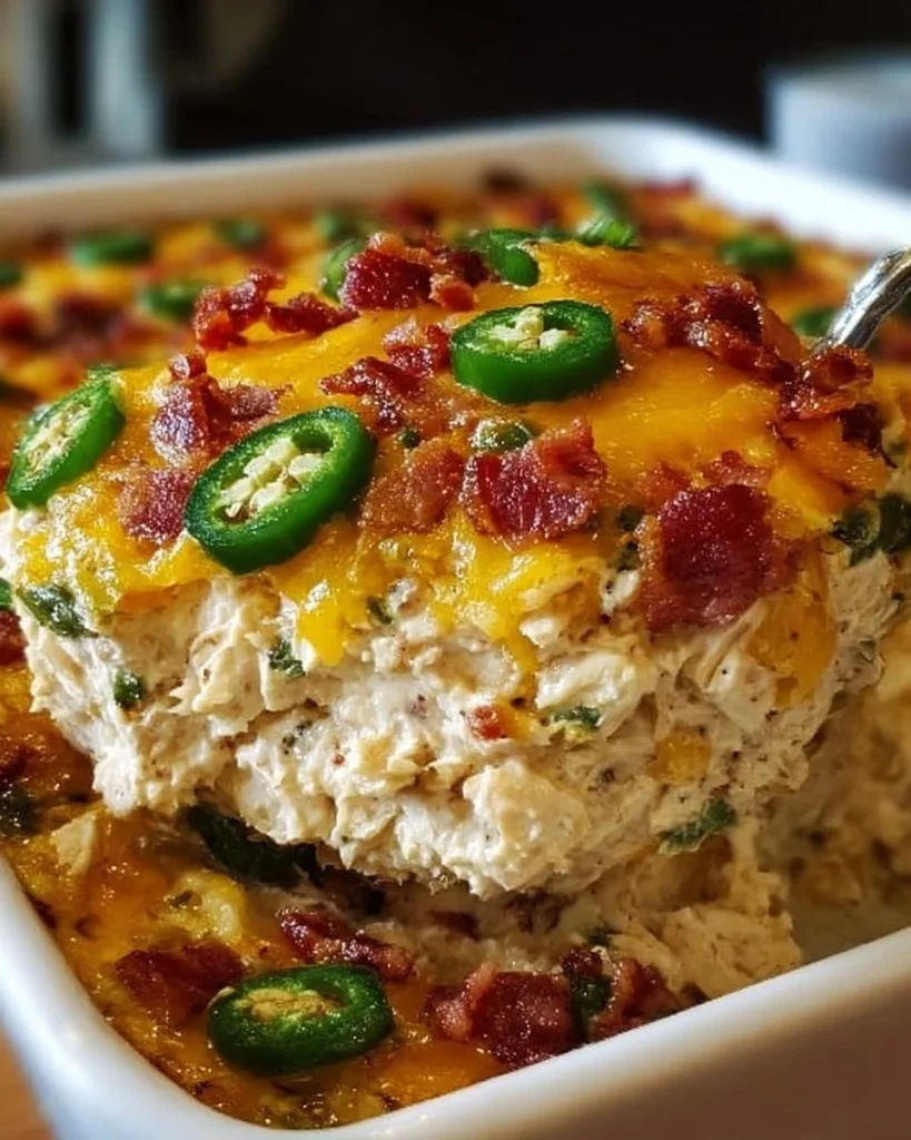 Delicious Jalapeño Popper Chicken Casserole topped with melted cheese and jalapeños.