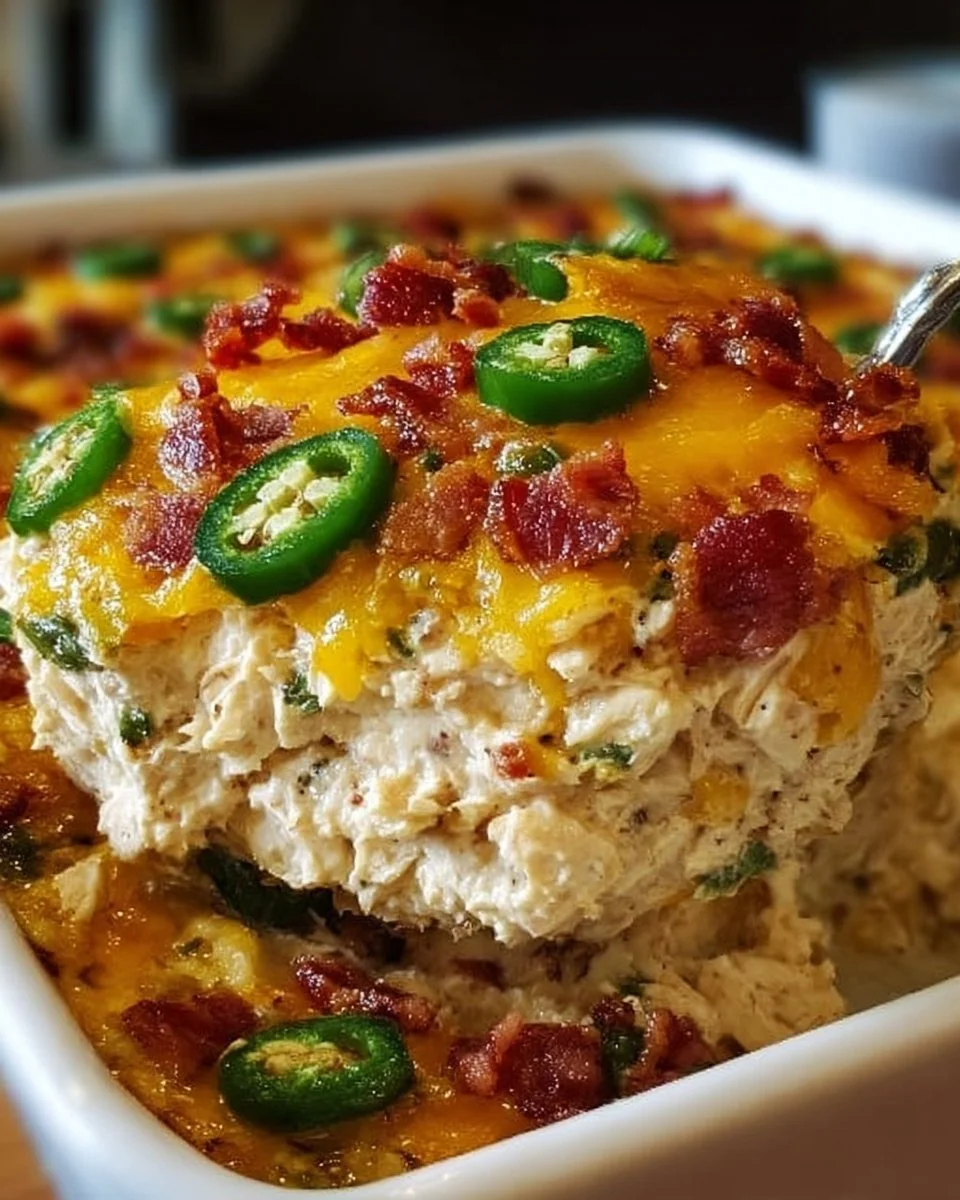 Delicious Jalapeño Popper Chicken Casserole topped with melted cheese and jalapeños.