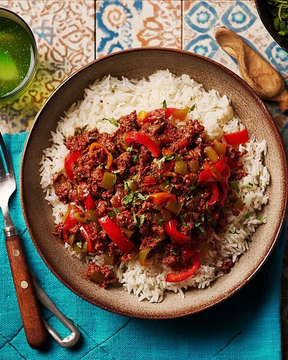 A delicious plate of Jamaican Bully Beef served with rice and vegetables.