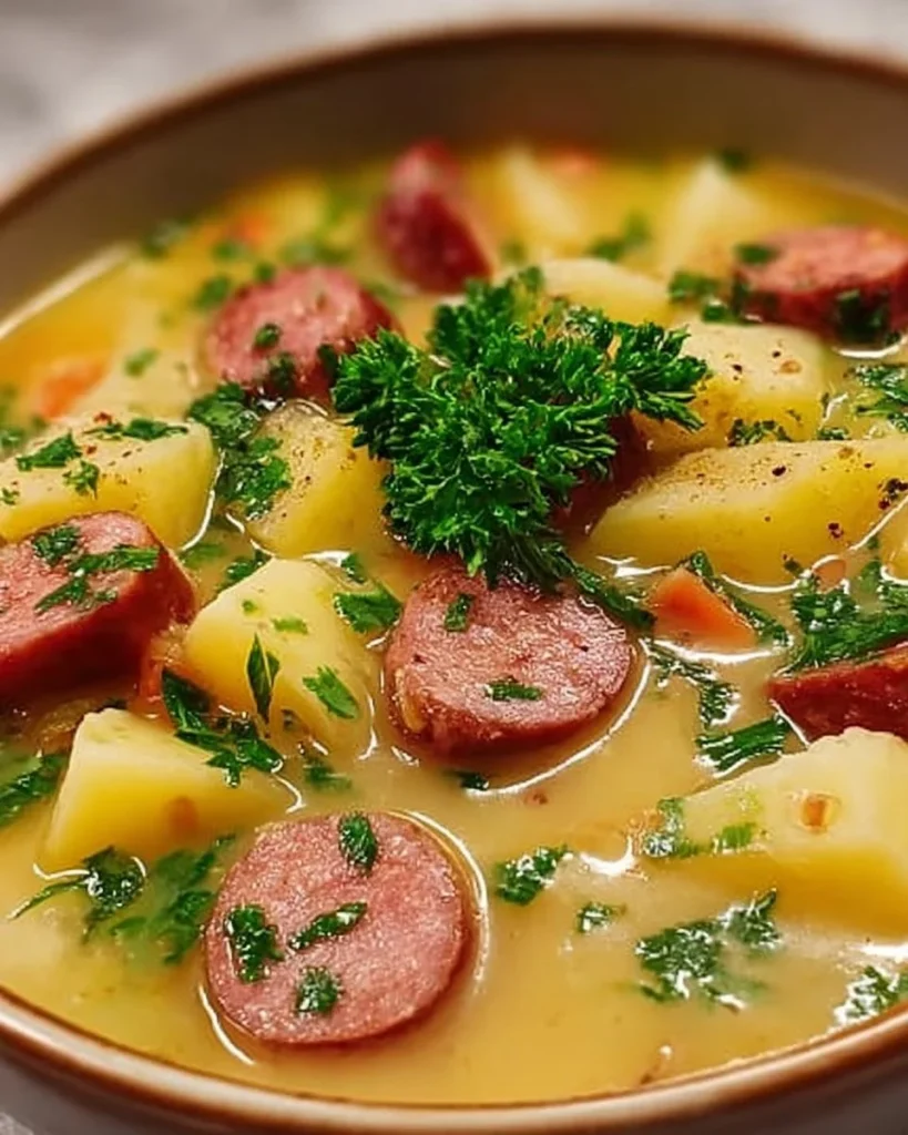 Bowl of Kielbasa Potato Soup topped with herbs and served with crusty bread