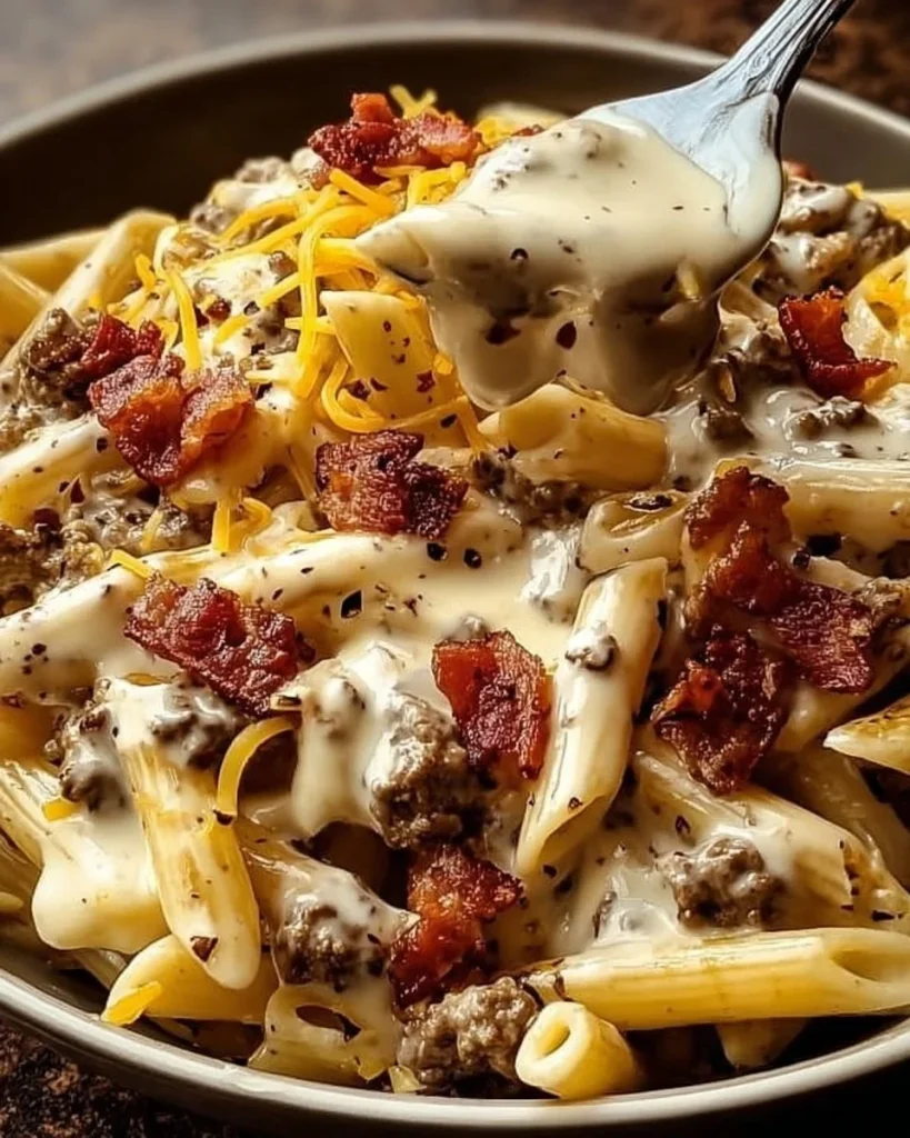Loaded Bacon Cheeseburger Alfredo Pasta topped with crispy bacon and cheese