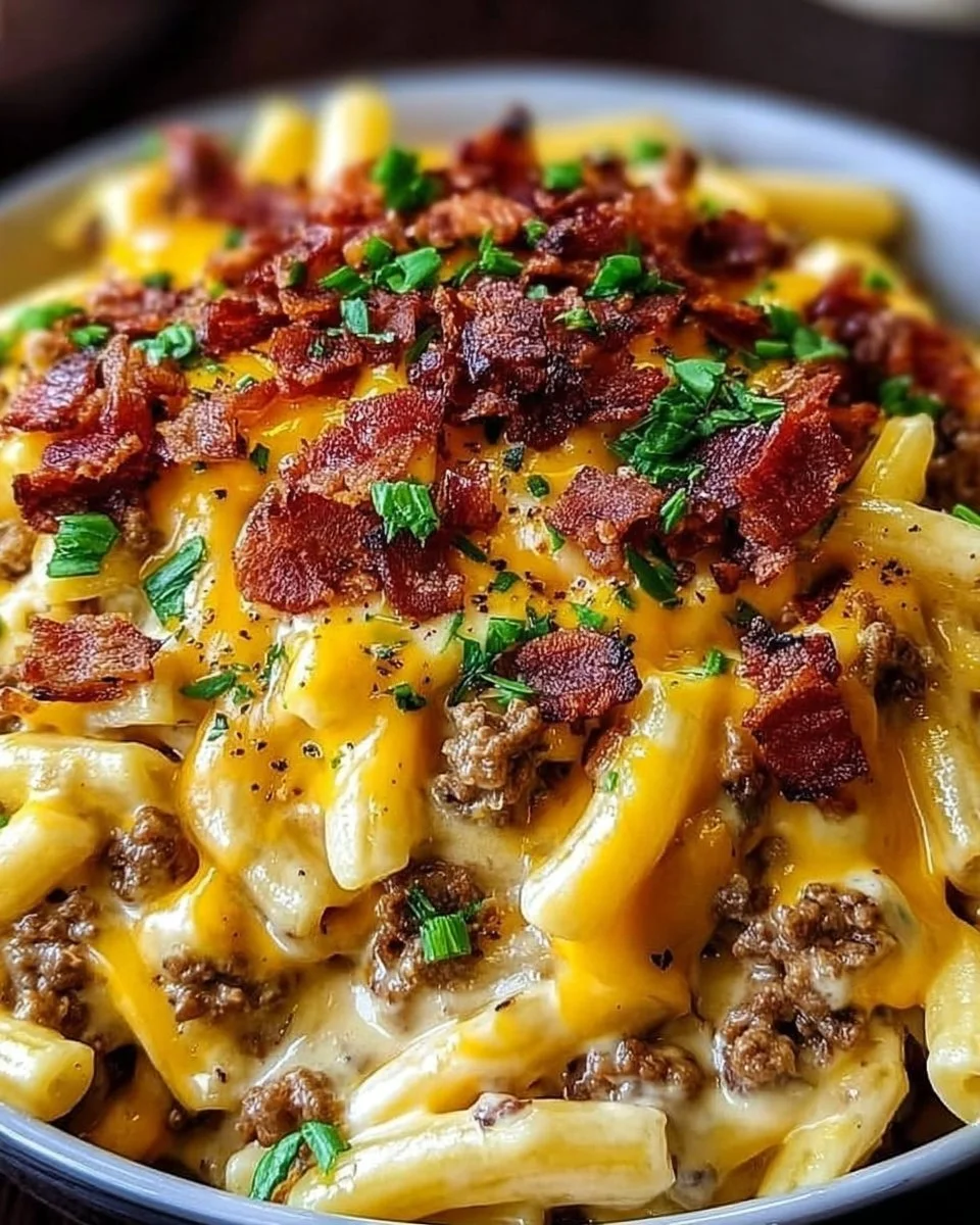 Plate of loaded bacon cheeseburger pasta topped with cheese and bacon