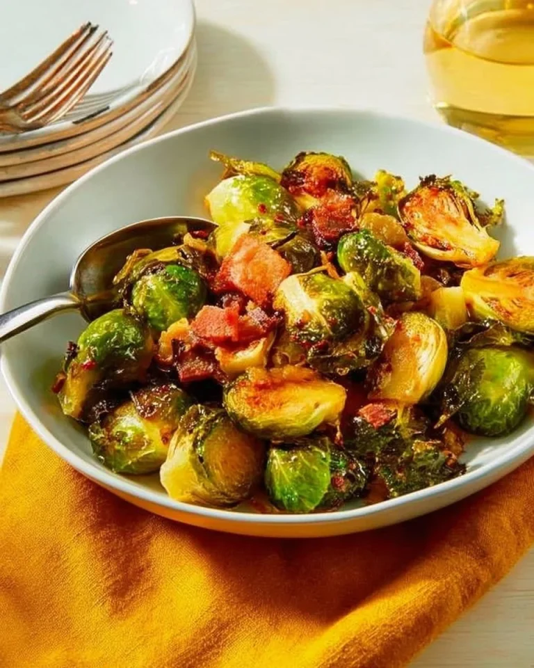 Maple roasted Brussels sprouts with crispy bacon on a serving platter