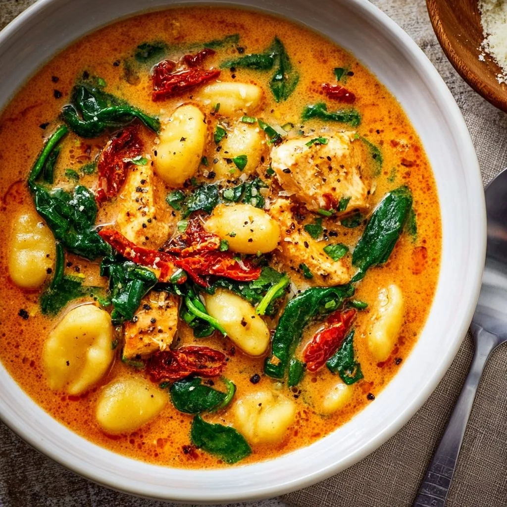 Bowl of Marry Me Chicken Soup with fresh ingredients and herbs