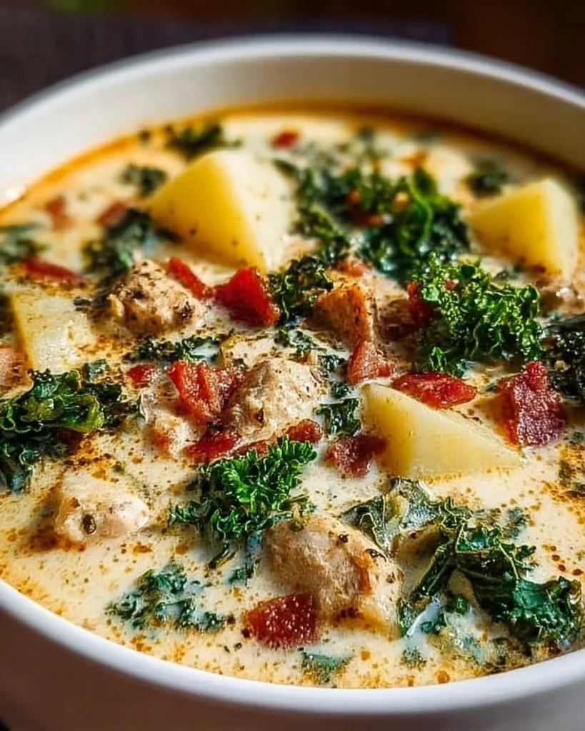 Delicious bowl of Marry Me Tuscan Soup garnished with fresh herbs and bread.