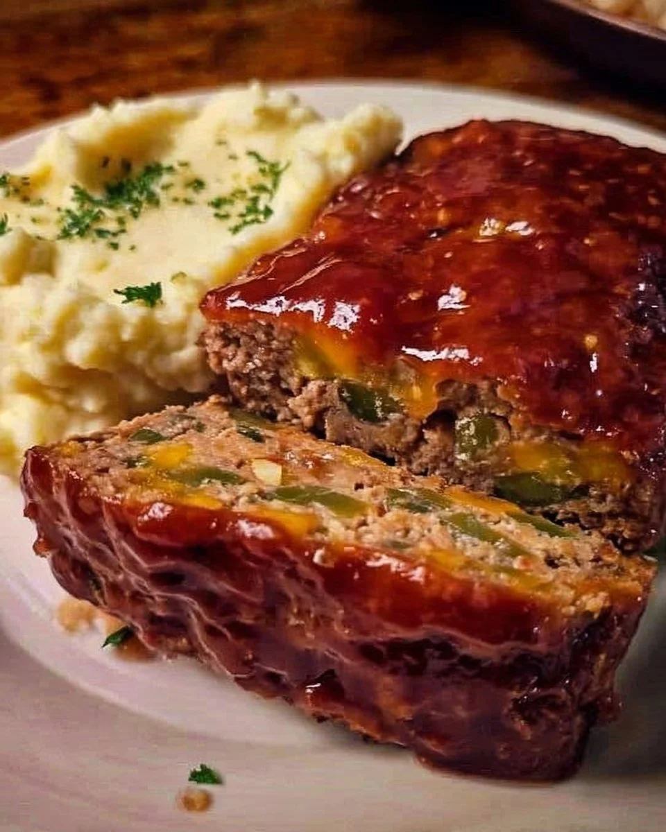 Delicious homemade meatloaf served with mashed potatoes and green beans