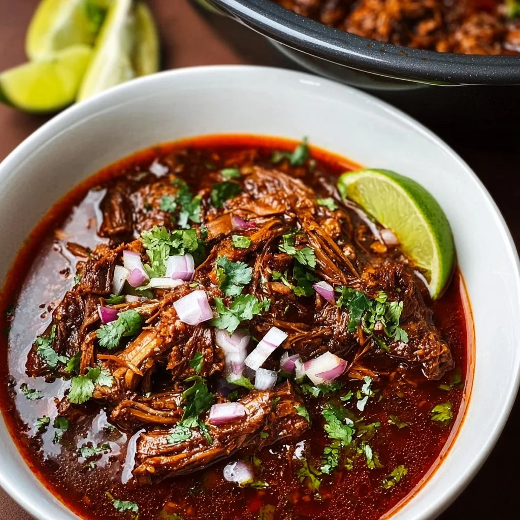 Delicious Mexican Beef Birria served in a traditional bowl with herbs and spices
