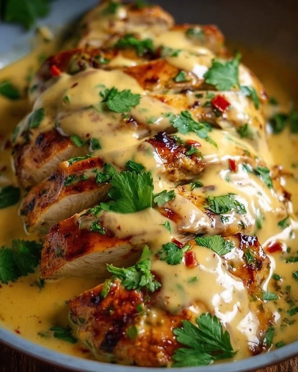 Delicious Mexican Chicken with Cheese Sauce served on a plate.