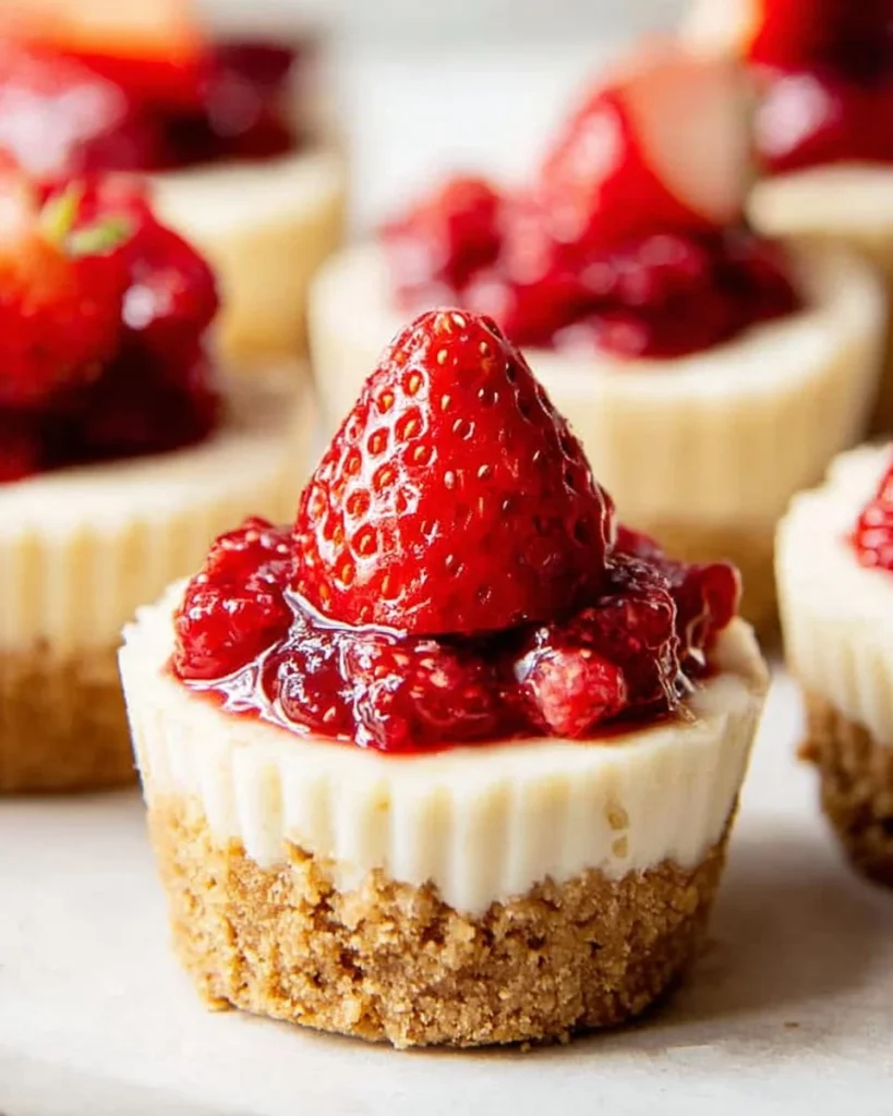 Delicious mini strawberry cheesecake desserts served on a plate